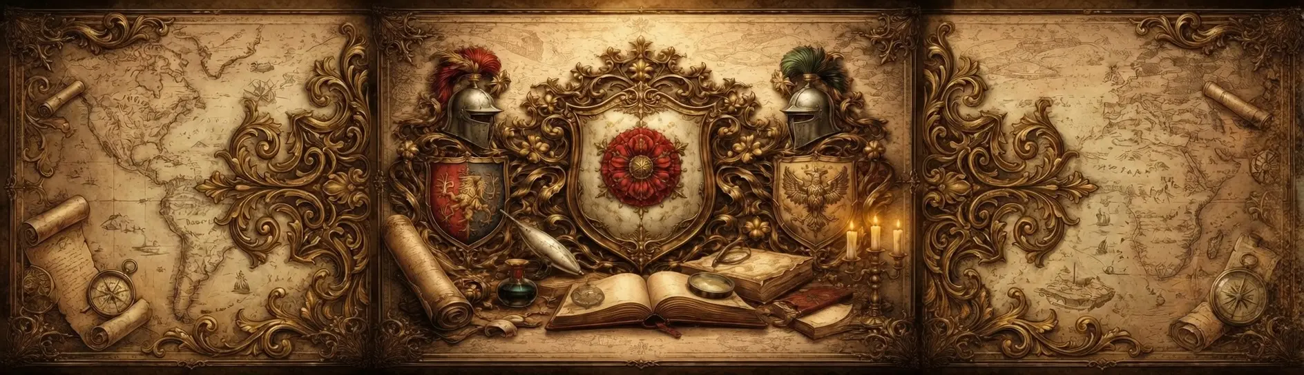 A hero banner with shields and heraldric symbolism and other historic relics, books.